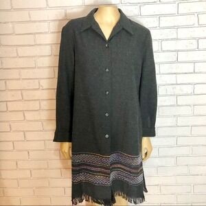 T. Garment Woven Border Fringe Hem Button Down Jacket Charcoal Grey | Size M